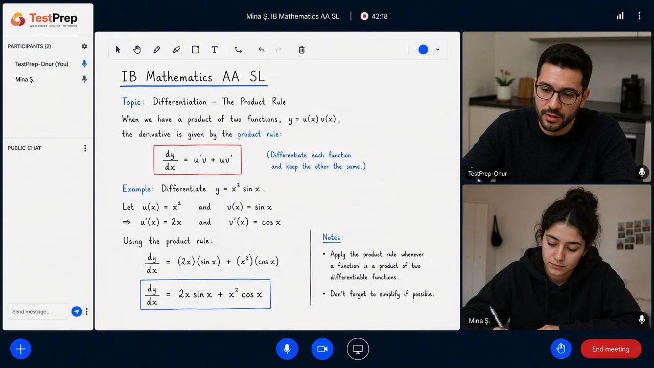 IB Mathematics AA SL dersinde tahtada çarpım kuralıyla türev alma (y = x²sin(x)) örneğinin adım adım çözümü